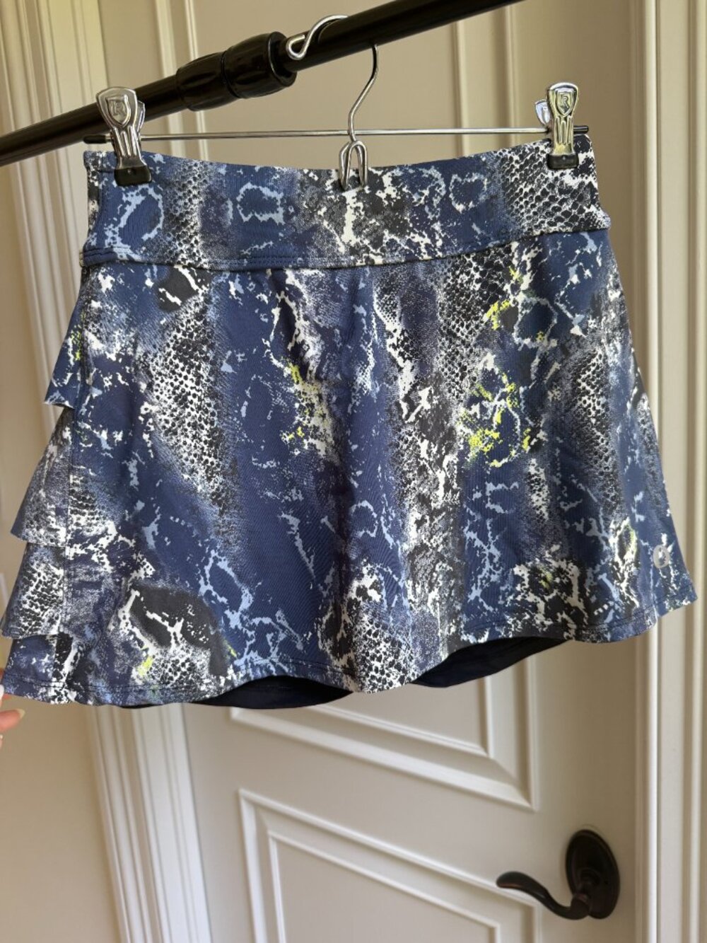 Dona Jo Shakira 13.5" Tennis Skort. blue and white snakeskin print back ruffle